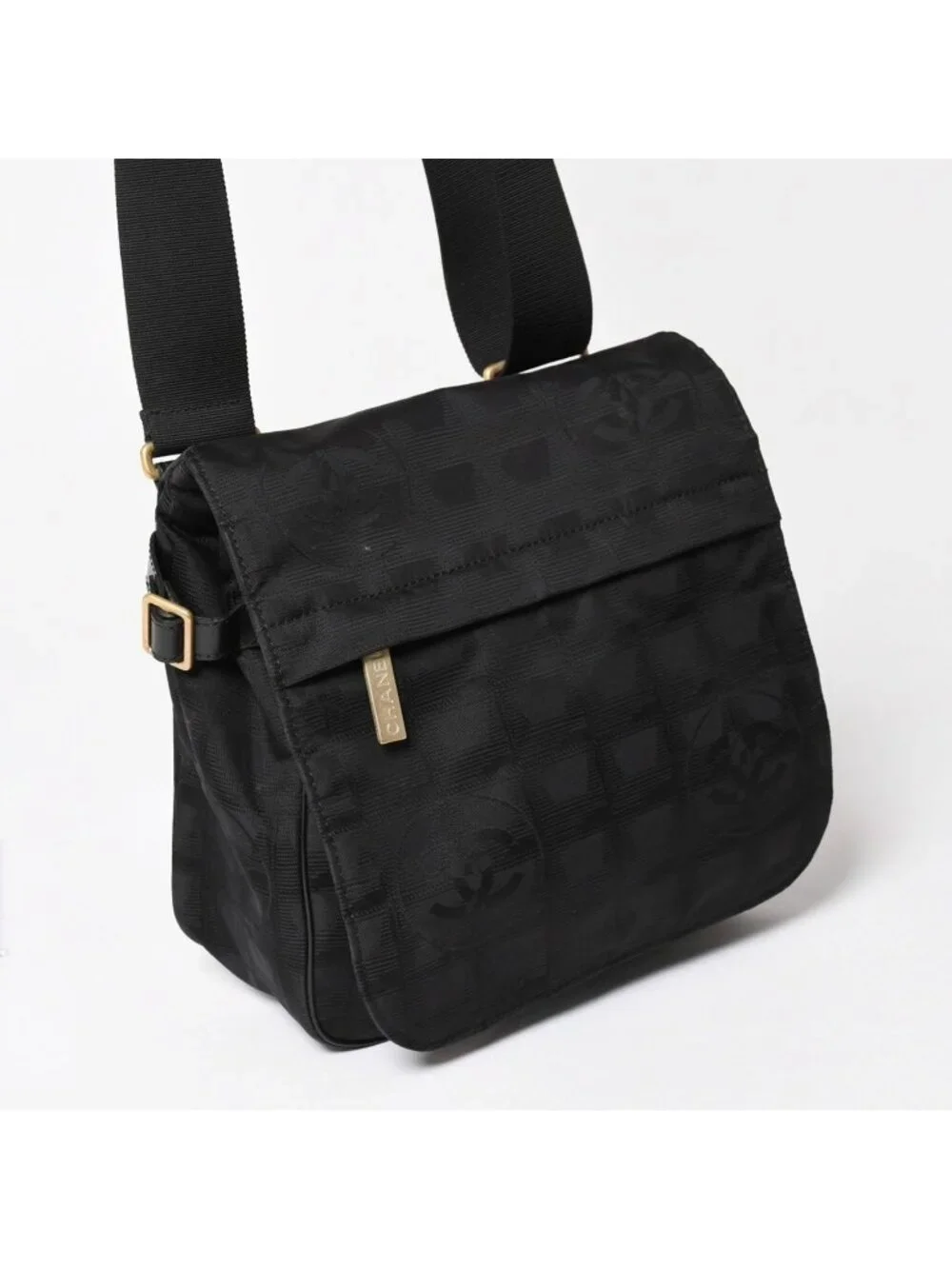 Chanel New Travel Line Messenger Bag Nylon Jacquard Leather Gold